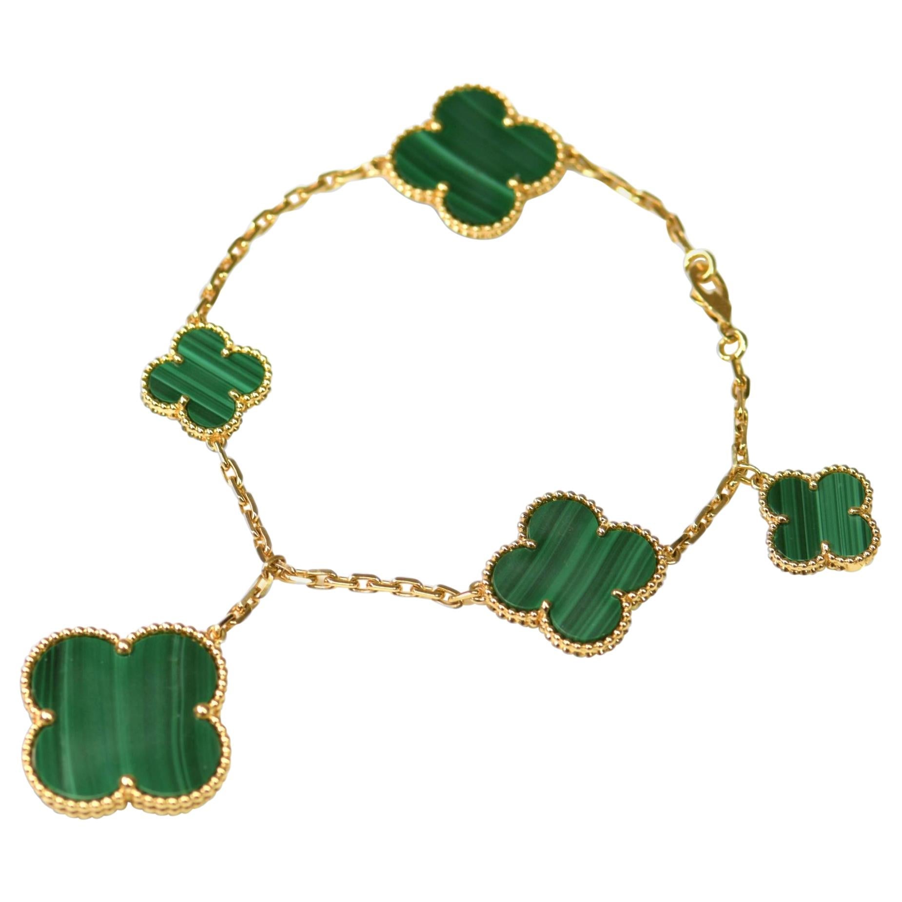 ??MIRA?¡¥MAGIC CLOVER MALACHITE GOLD BRACELET 5 MOTIFS