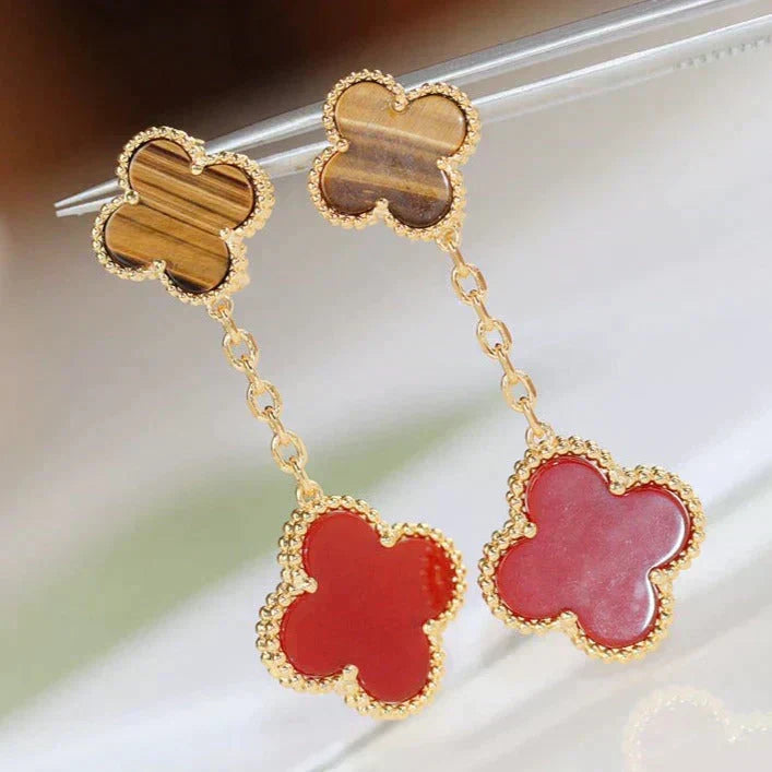 ??MIRA?¡¥CLOVER  2 MOTIF  TIGER EYE CARNELIAN EARRINGS