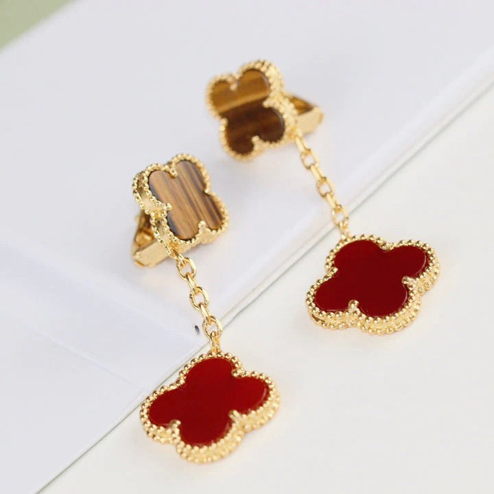 ??MIRA?¡¥CLOVER  2 MOTIF  TIGER EYE CARNELIAN EARRINGS