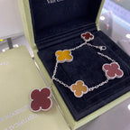??MIRA?¡¥CLOVER 5 MOTIFS SIVLER CARNELIAN TIGER EYE BRACELET
