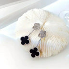 ??MIRA?¡¥CLOVER 2 MOTIFS  DIAMOND ONYX EARRINGS SILVER