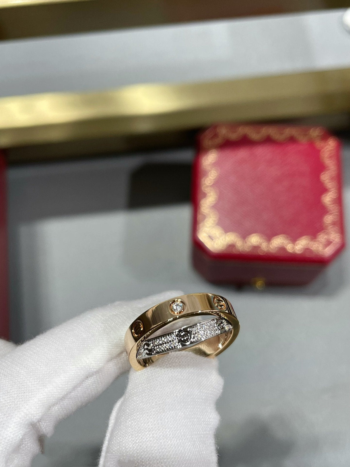 ??MIRA?¡¥LOVE PINK GOLD SILVER DIAMOND DOUBLE RING