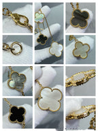 ??MIRA?¡¥CLOVER 6 MOTIF MOP ONYX GOLD NECKLACE