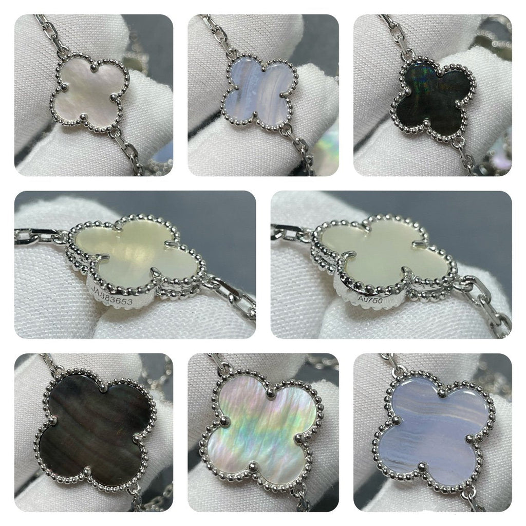 ??MIRA?¡¥CLOVER 16 MOTIF CHALCEDONY MOP SILVER NECKLACE