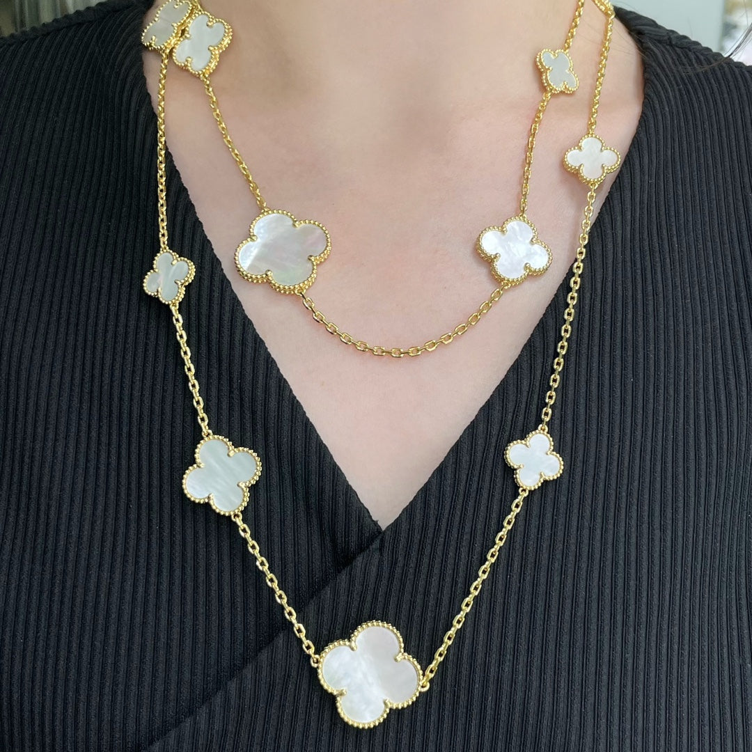 ??MIRA?¡¥CLOVER 16 MOTIF WHITE MOP GOLD NECKLACE