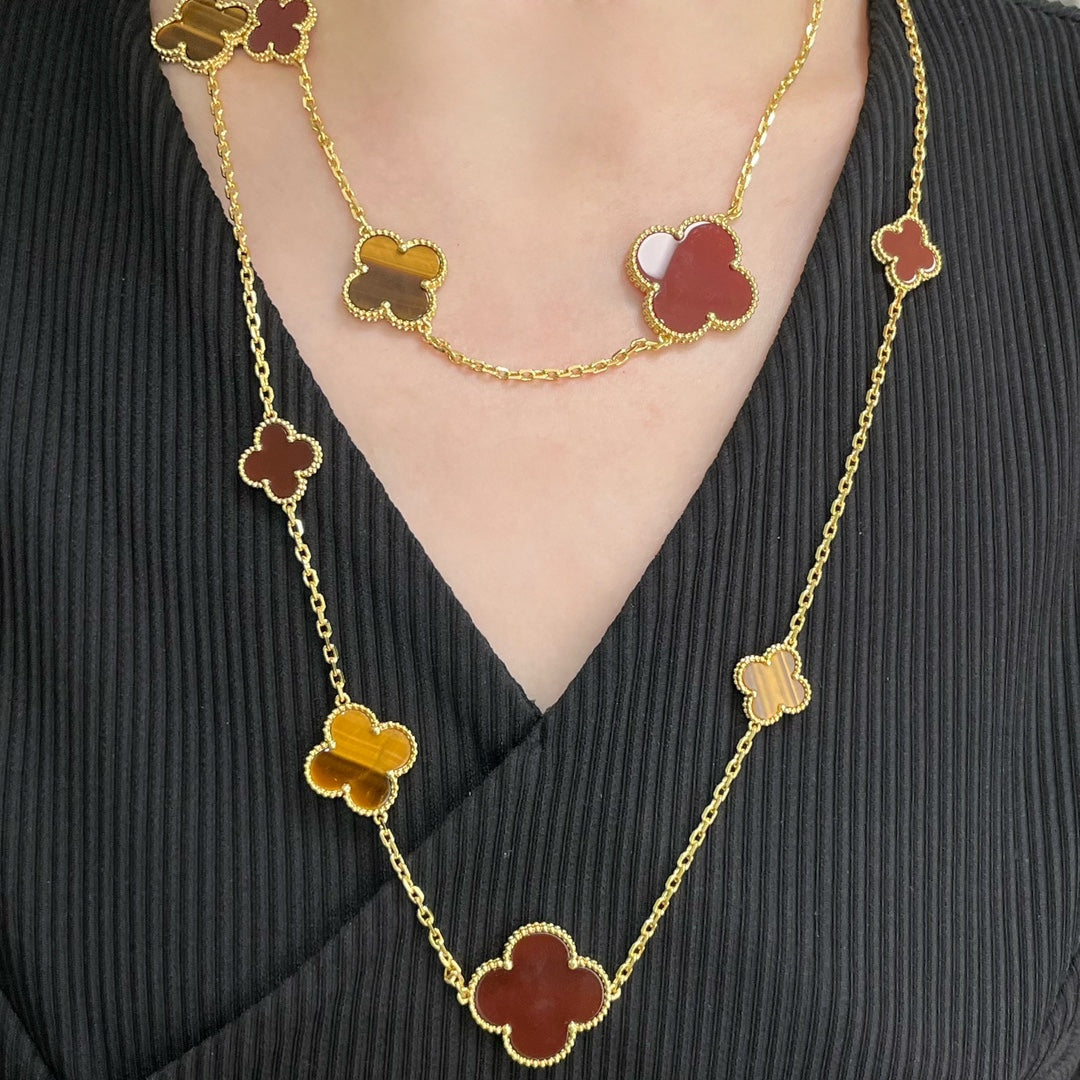 ??MIRA?¡¥CLOVER 16 MOTIF CARNELIAN TIGER EYE ROSE GOLD NECKLACE