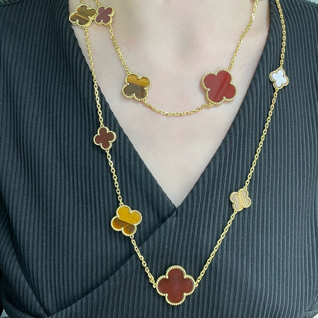 ??MIRA?¡¥CLOVER 16 MOTIF CARNELIAN TIGER EYE ROSE GOLD NECKLACE