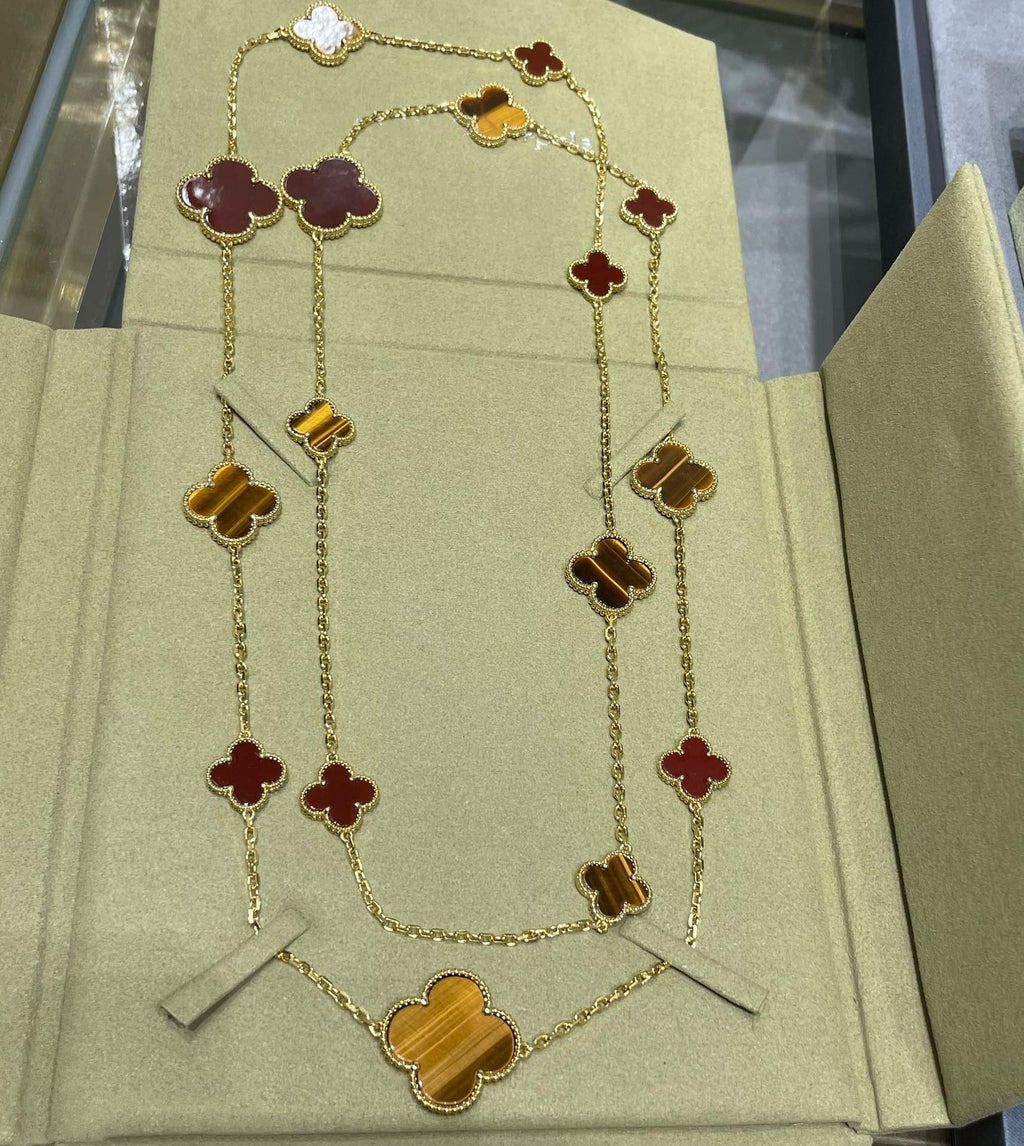 ??MIRA?¡¥CLOVER 16 MOTIF CARNELIAN TIGER EYE ROSE GOLD NECKLACE