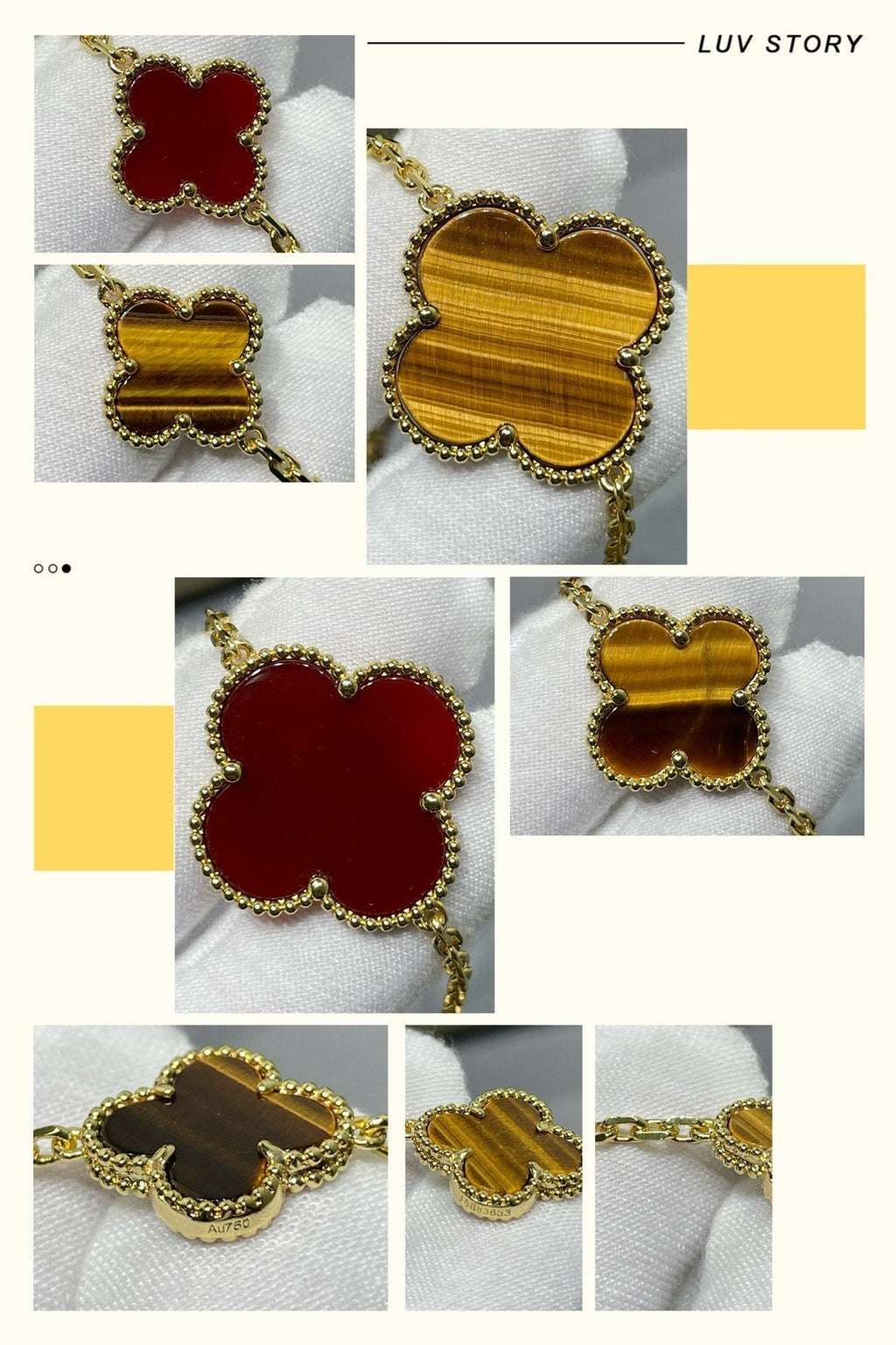 ??MIRA?¡¥CLOVER 16 MOTIF CARNELIAN TIGER EYE ROSE GOLD NECKLACE