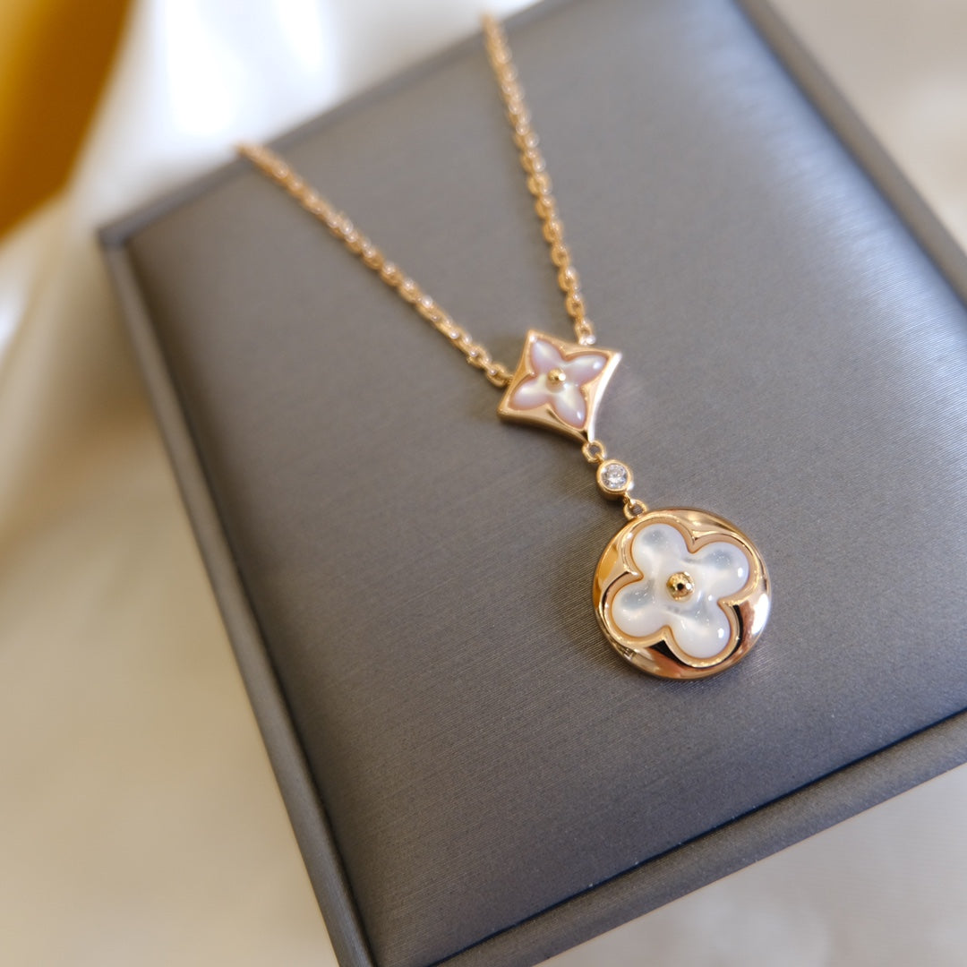 ??MIRA?¡¥STAR AND SUN WHITE MOP 2 MOTIF PINK GOLD NECKLACE