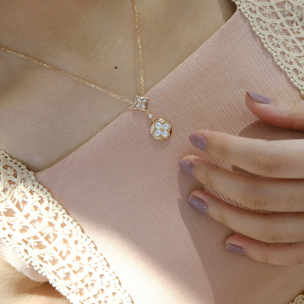 ??MIRA?¡¥STAR AND SUN WHITE MOP 2 MOTIF PINK GOLD NECKLACE