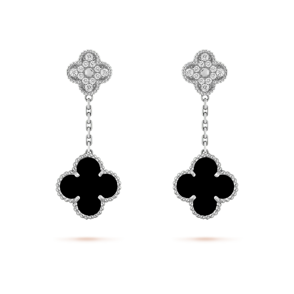 ??MIRA?¡¥CLOVER 2 MOTIFS  DIAMOND ONYX EARRINGS SILVER