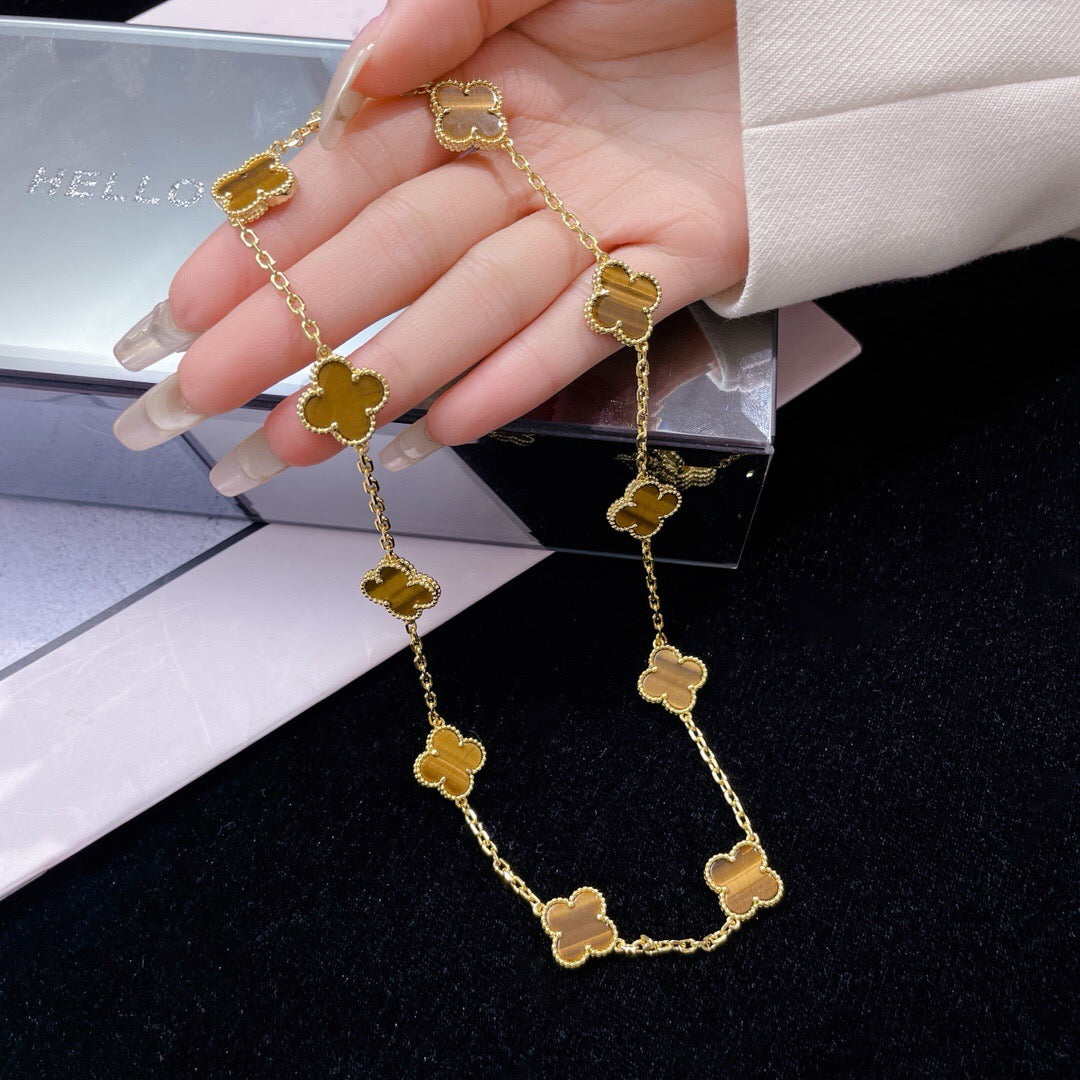 ??MIRA?¡¥CLOVER 10 MOTIFS TIGER EYE NECKLACE