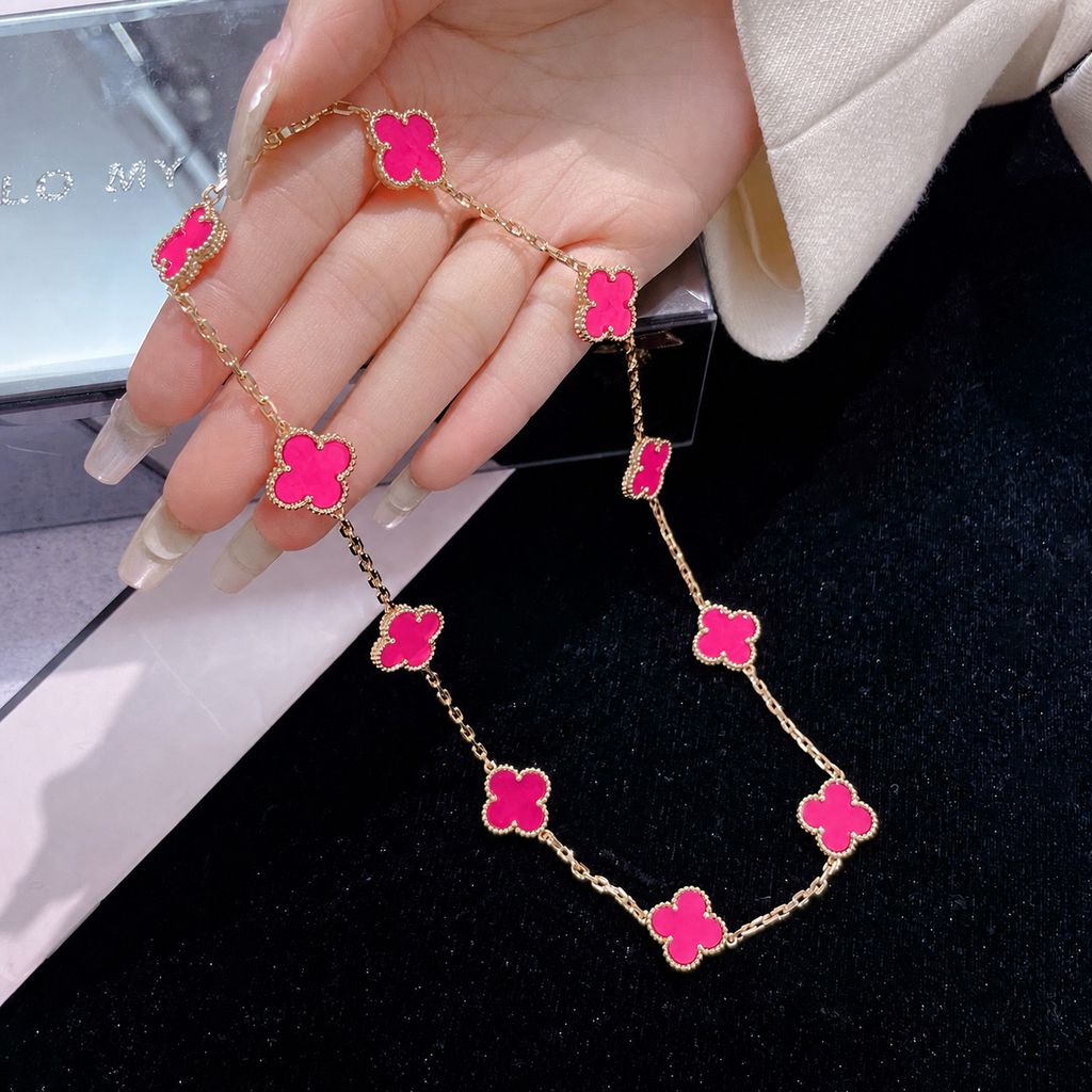 [MIRA] NEW CLOVER 10 MOTIFS PINK ENAMEL NECKLACE