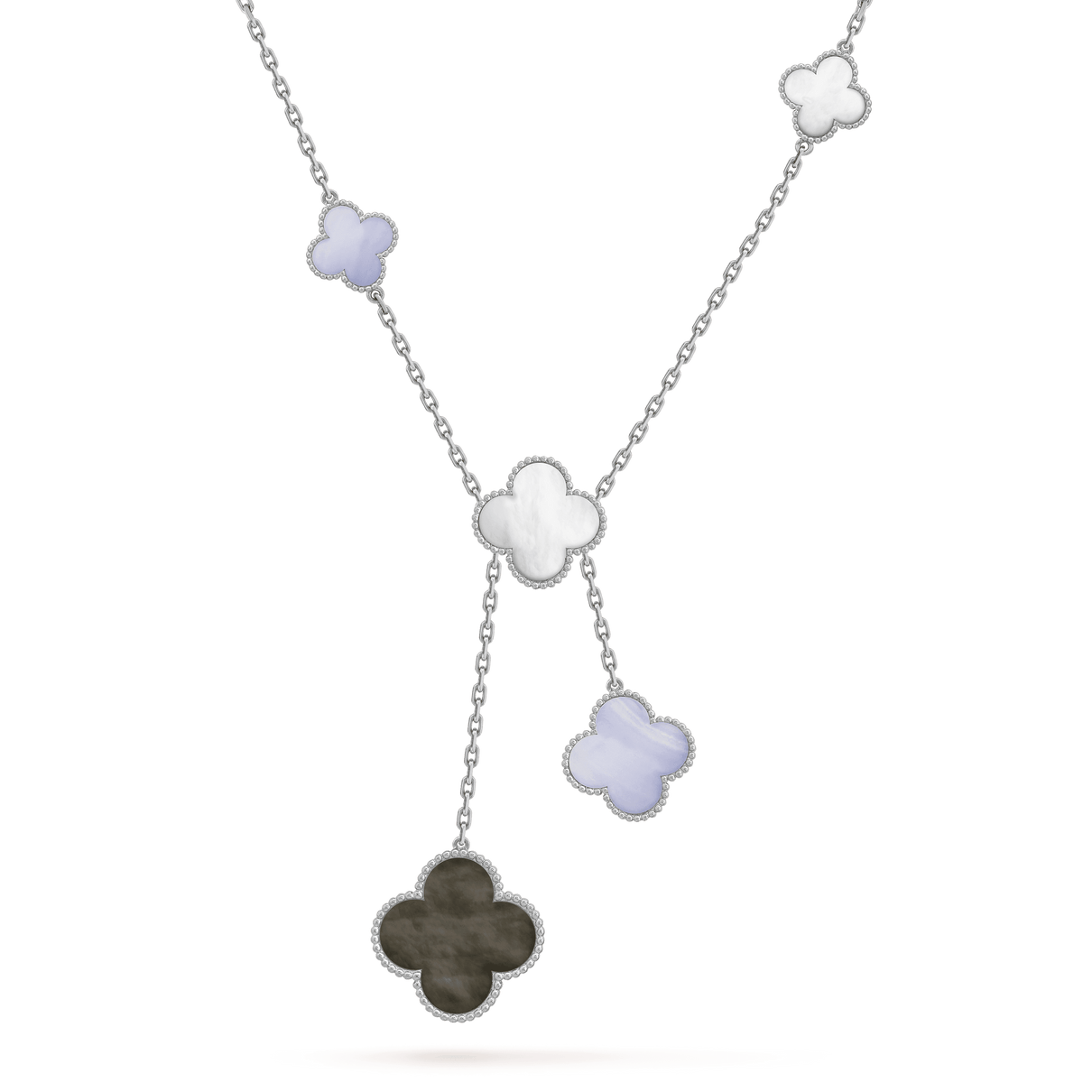 ??MIRA?¡¥CLOVER MOP CHALCEDONY NECKLACE SILVER 6 MOTIF