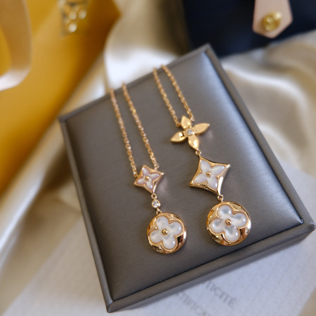 ??MIRA?¡¥COLOR BLOSSOM LARIAT NECKLACE PINK GOLD WHITE MOTHER PEARL AND DIAMOND
