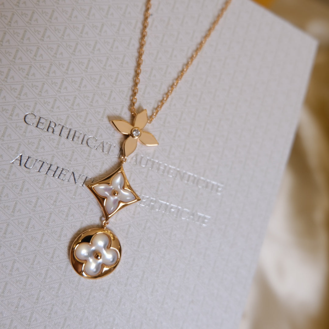 ??MIRA?¡¥COLOR BLOSSOM LARIAT NECKLACE PINK GOLD WHITE MOTHER PEARL AND DIAMOND