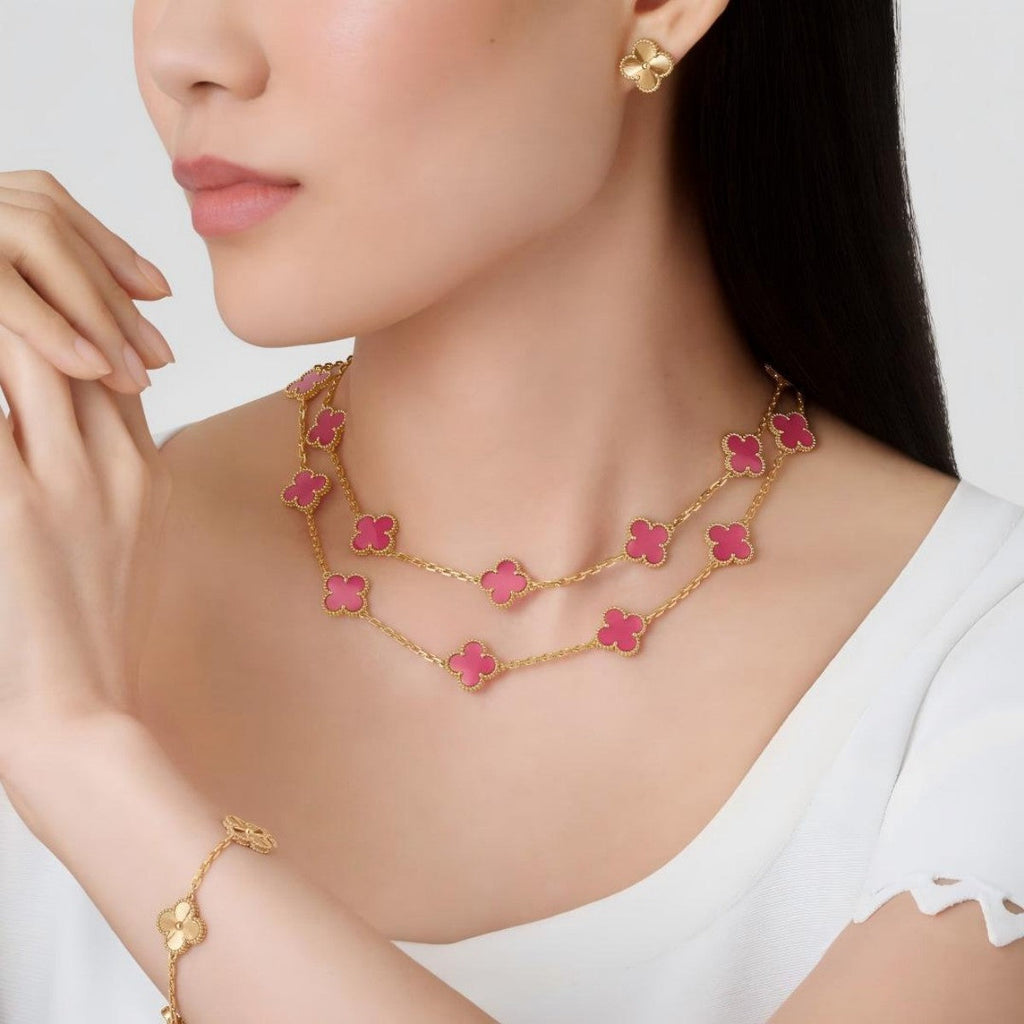 [MIRA] NEW CLOVER 20 MOTIFS PINK ENAMEL NECKLACE