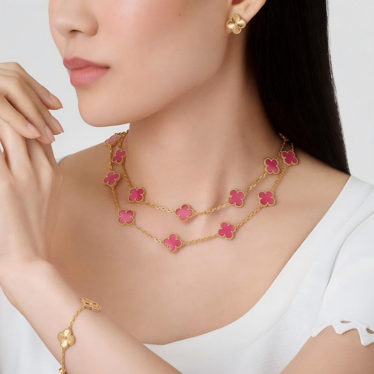 [MIRA] NEW CLOVER 20 MOTIFS PINK ENAMEL NECKLACE