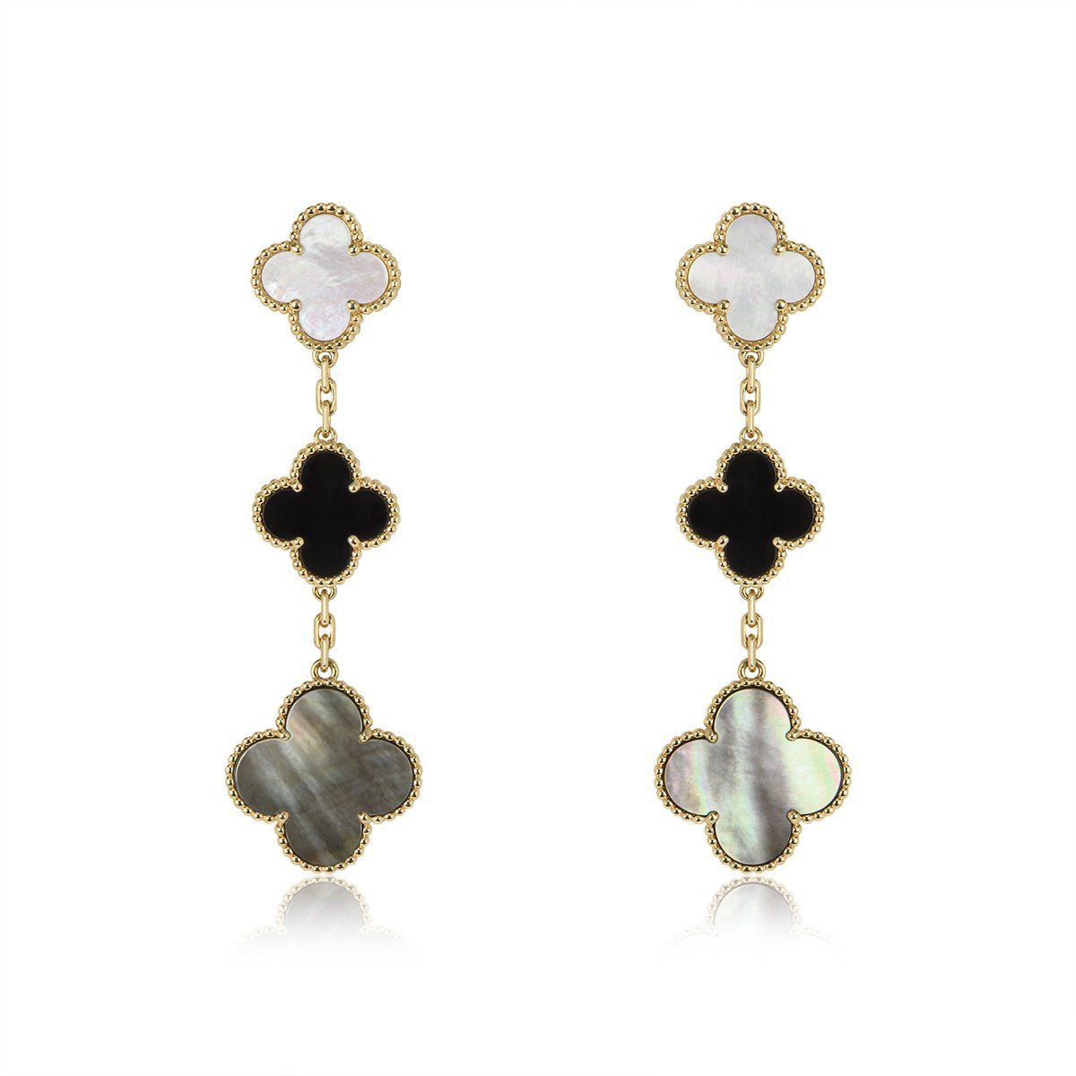 ??MIRA?¡¥CLOVER EARRINGS GOLD ONYX MOP 3 MOTIF