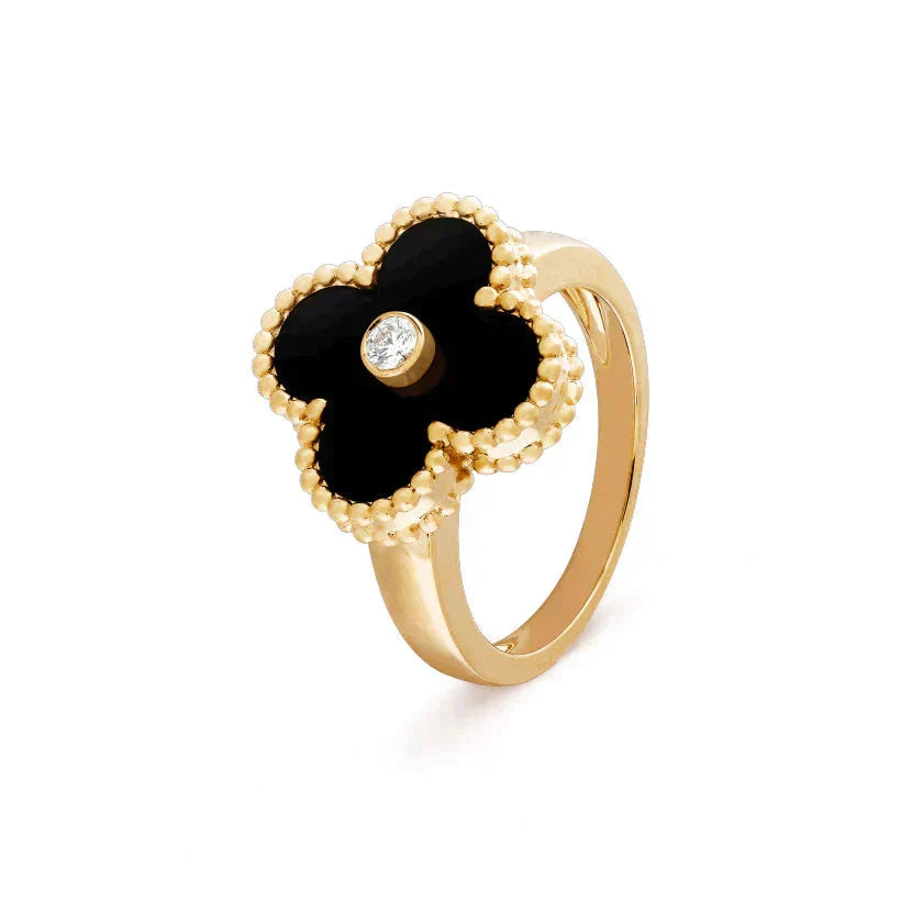 ??MIRA?¡¥CLOVER ONYX RING GOLD DIAMOND